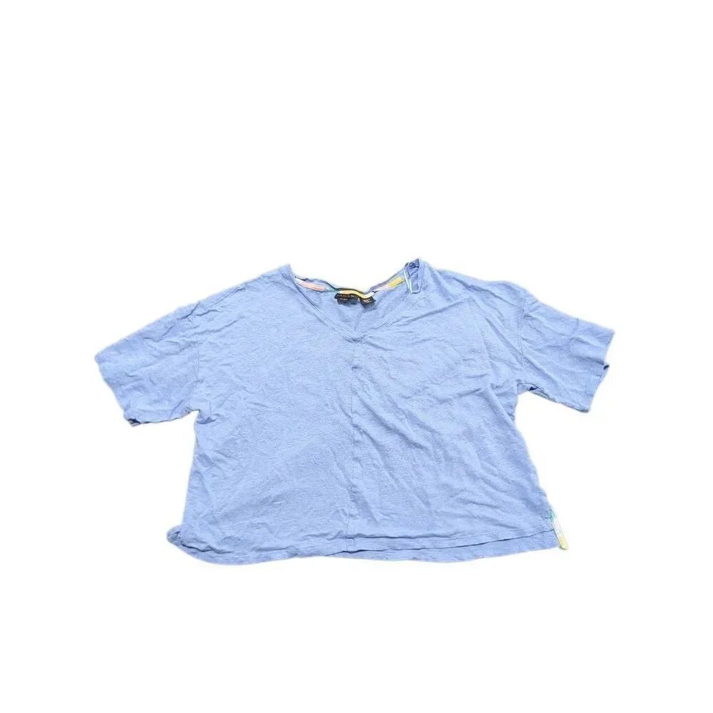 Tahari 100% Linen Short Sleeve Blouse Top Baby Blue Minimalist Lagenlook Size X